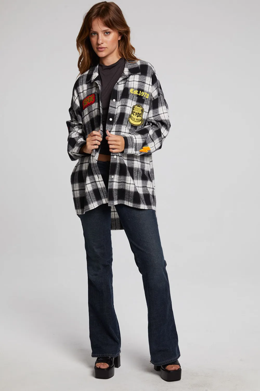 Clearance AC/DC High Voltage Flannel Button Down Women Loungewear|Music