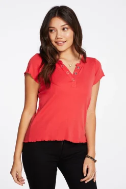 Best Sale Baby Rib Short Sleeve Cropped Henley Tee Women Tops