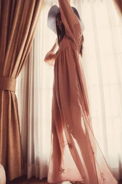 Fashion BEADED STAR L/S V NECK MAXI DRESS Women Dresses|Tops