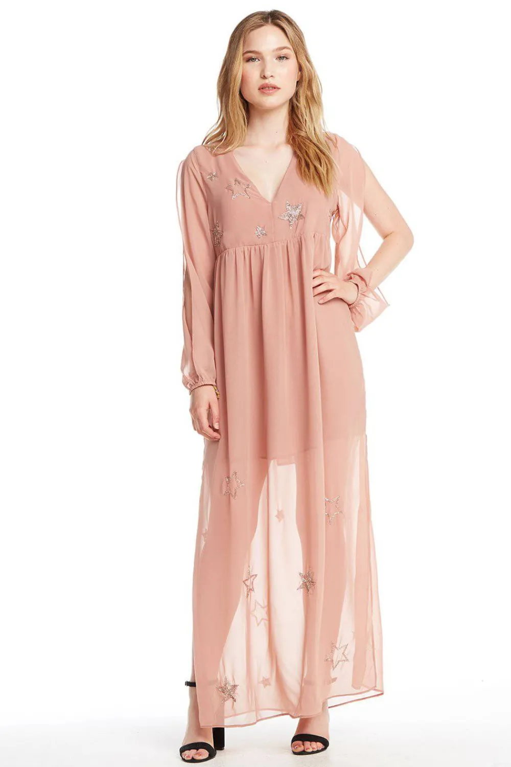 Fashion BEADED STAR L/S V NECK MAXI DRESS Women Dresses|Tops