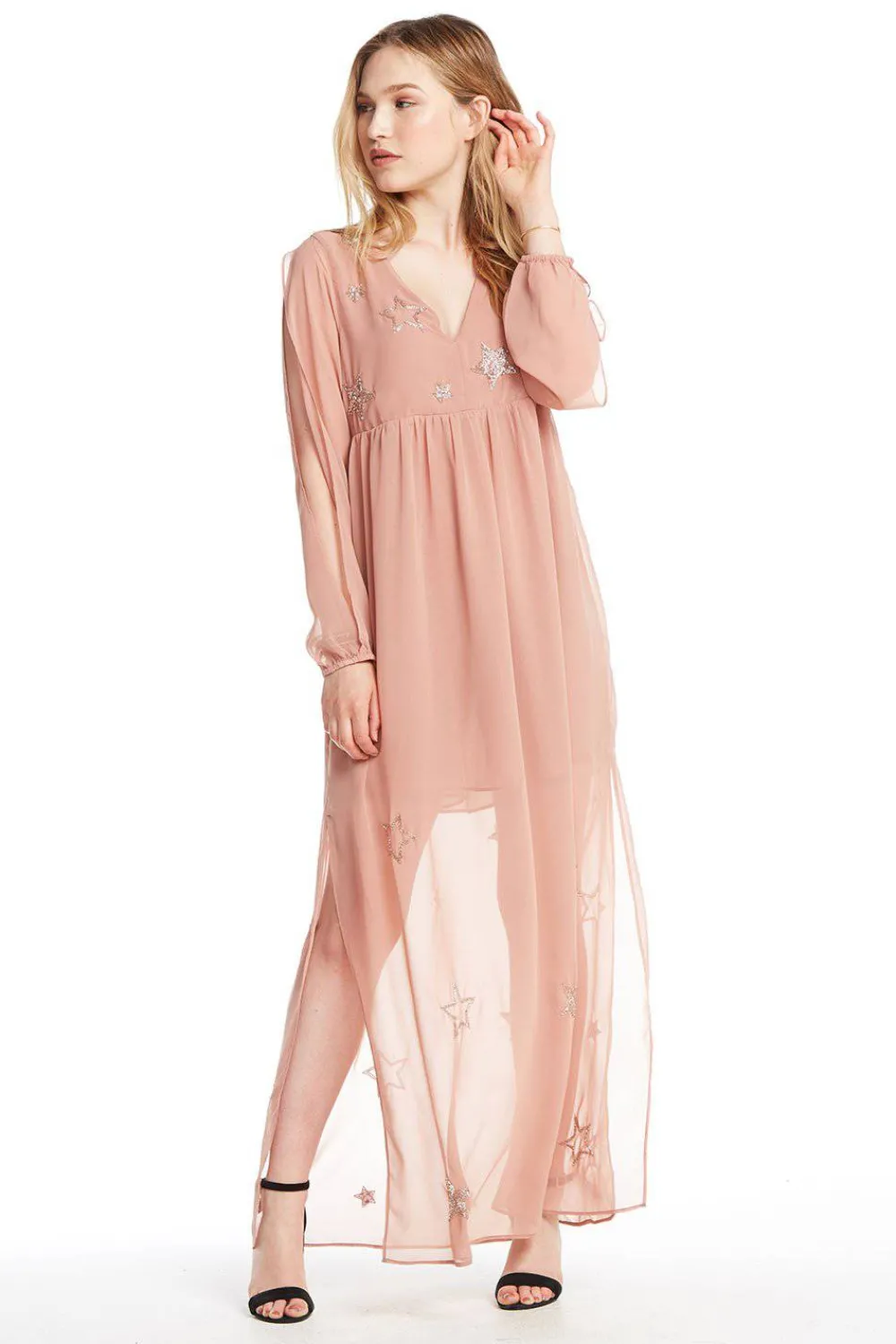 Fashion BEADED STAR L/S V NECK MAXI DRESS Women Dresses|Tops
