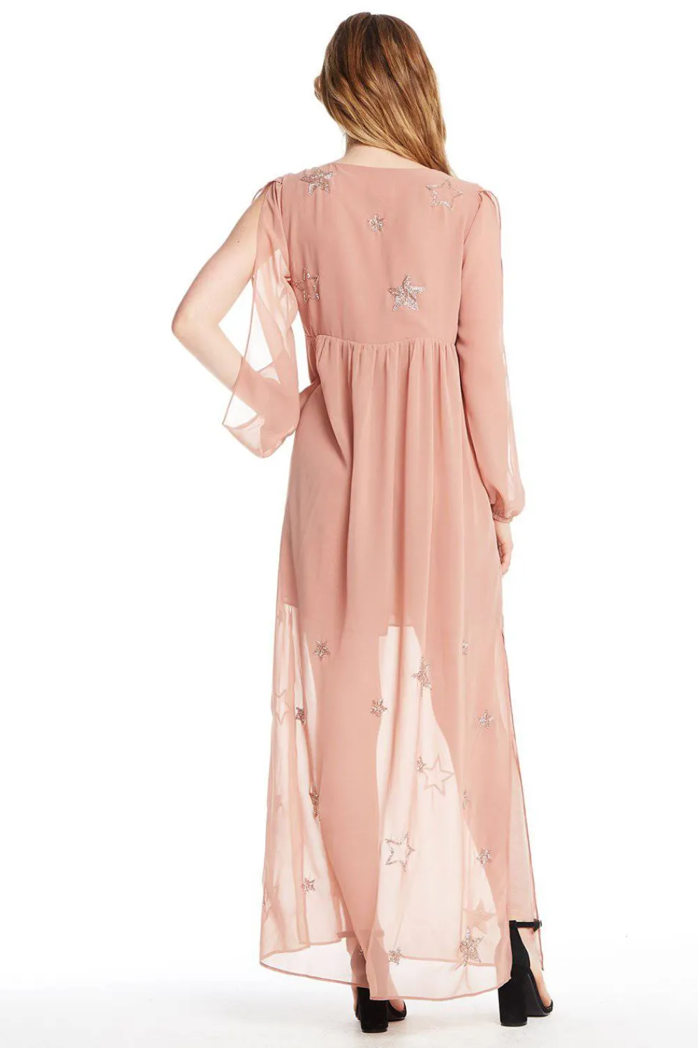 Fashion BEADED STAR L/S V NECK MAXI DRESS Women Dresses|Tops