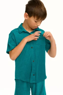 Clearance Boy's Lake Green Terry Cloth Button Down Collared Shirt Kids/BOY Boys