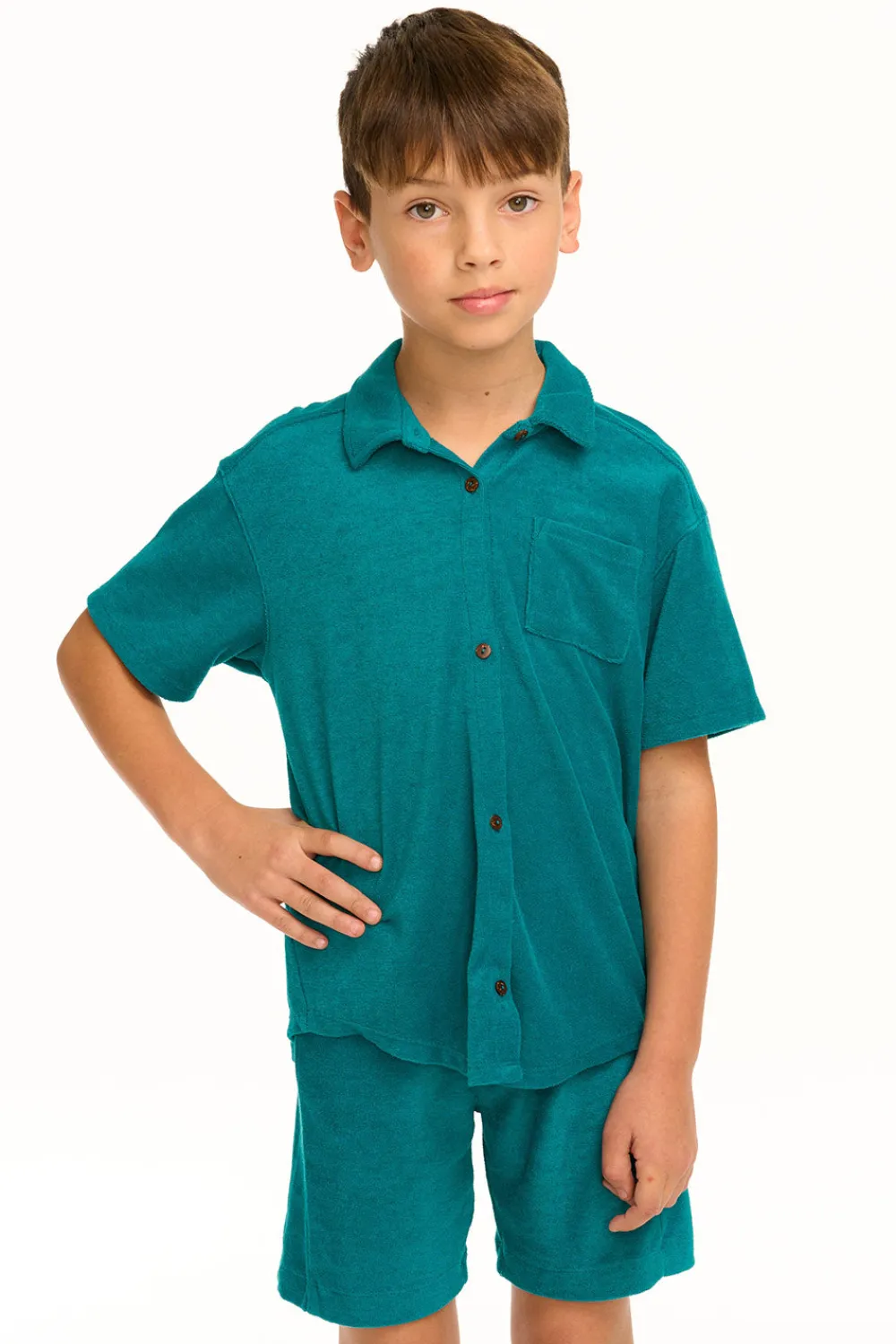 Clearance Boy's Lake Green Terry Cloth Button Down Collared Shirt Kids/BOY Boys