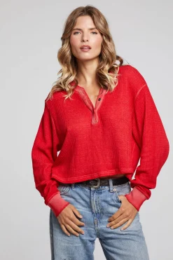 Cheap Casey Crimson Henley Women Loungewear|Tops