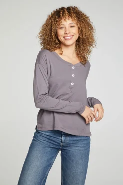 Cheap Cropped Boxy Long Sleeve Henley With Side Slits Women Tops