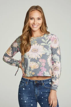 Online Drawstring Shirred Long Sleeve Cropped Pullover Women Tops