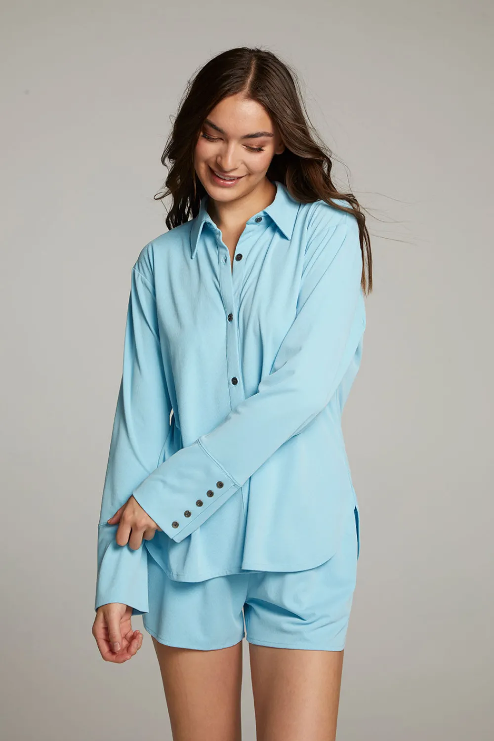 Sale Ethan Clear Sky Button Up Women Loungewear|Tops