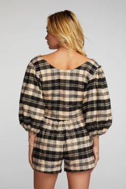 Discount Flannel Puff Sleeve Cropped Blouse Women Loungewear|Tops