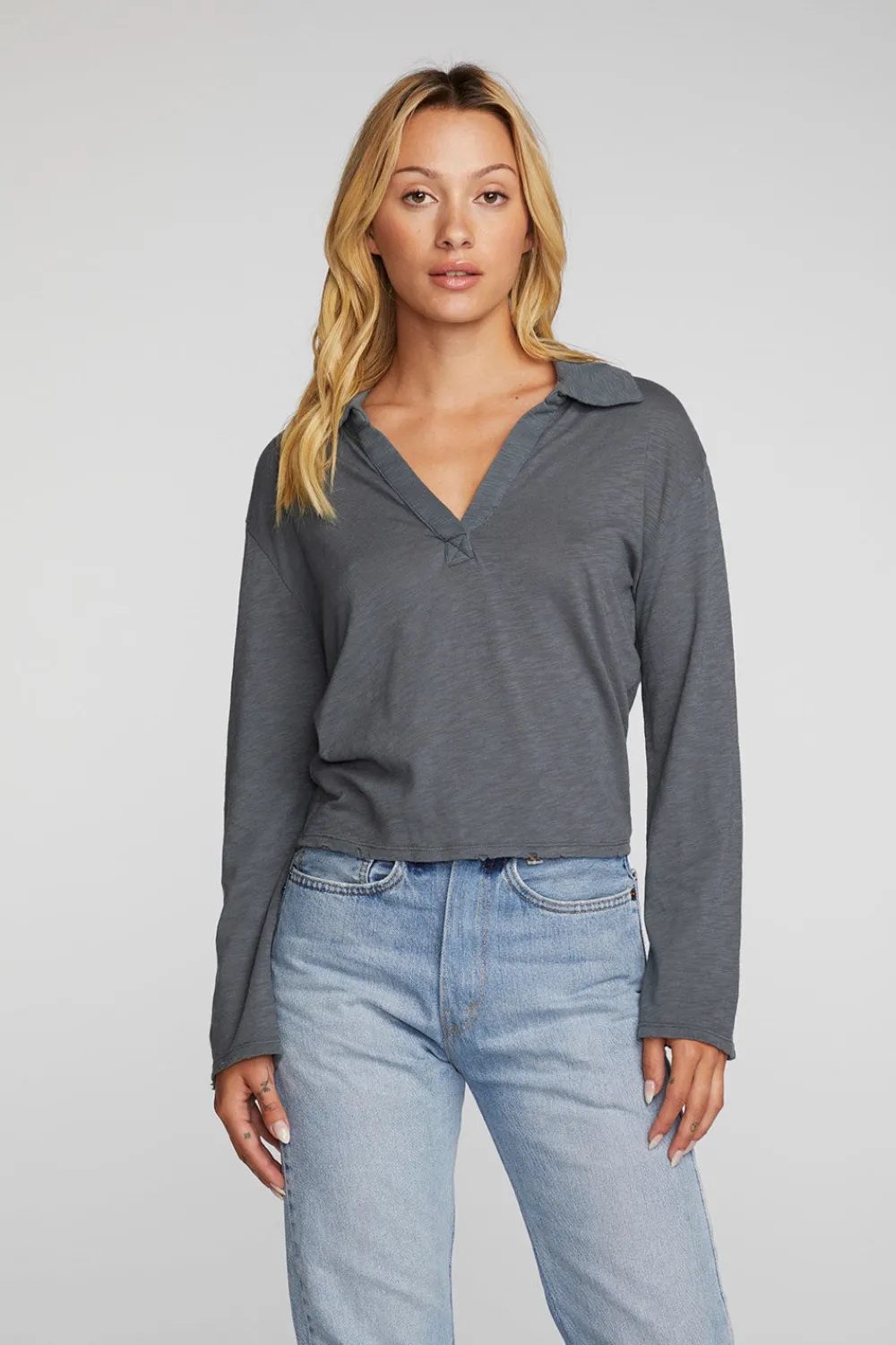 Shop Gauze Jersey Cropped Polo With Distressed Detail Long Sleeve Women Loungewear|Tops