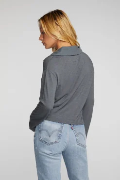 Shop Gauze Jersey Cropped Polo With Distressed Detail Long Sleeve Women Loungewear|Tops