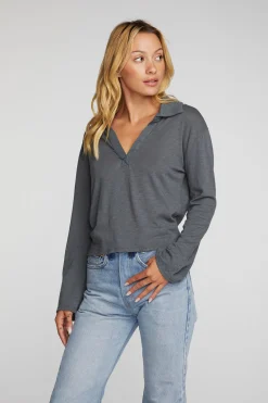 Shop Gauze Jersey Cropped Polo With Distressed Detail Long Sleeve Women Loungewear|Tops