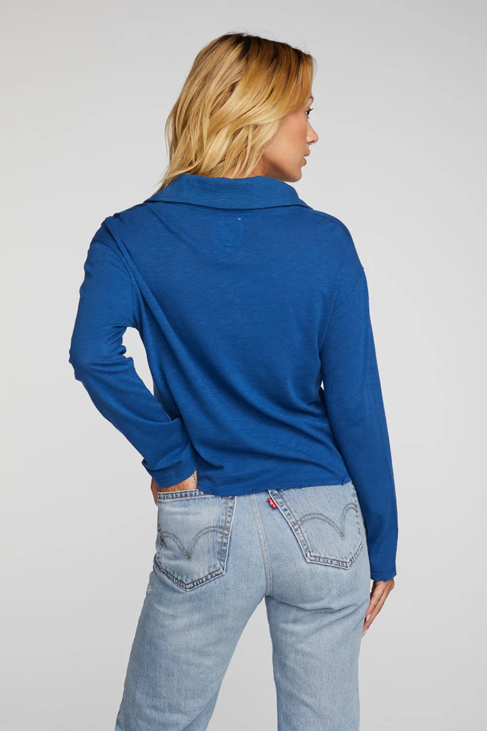 Cheap Gauze Jersey Cropped Polo With Distressed Detail Long Sleeve Women Loungewear|Tops