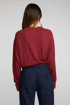 Cheap Gauze Jersey Long Sleeve Henley With Deconstructed Bottom Hem Women Loungewear|Tops