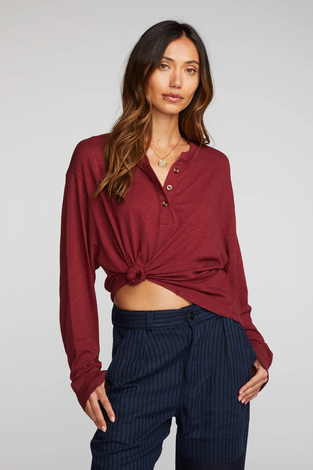 Cheap Gauze Jersey Long Sleeve Henley With Deconstructed Bottom Hem Women Loungewear|Tops