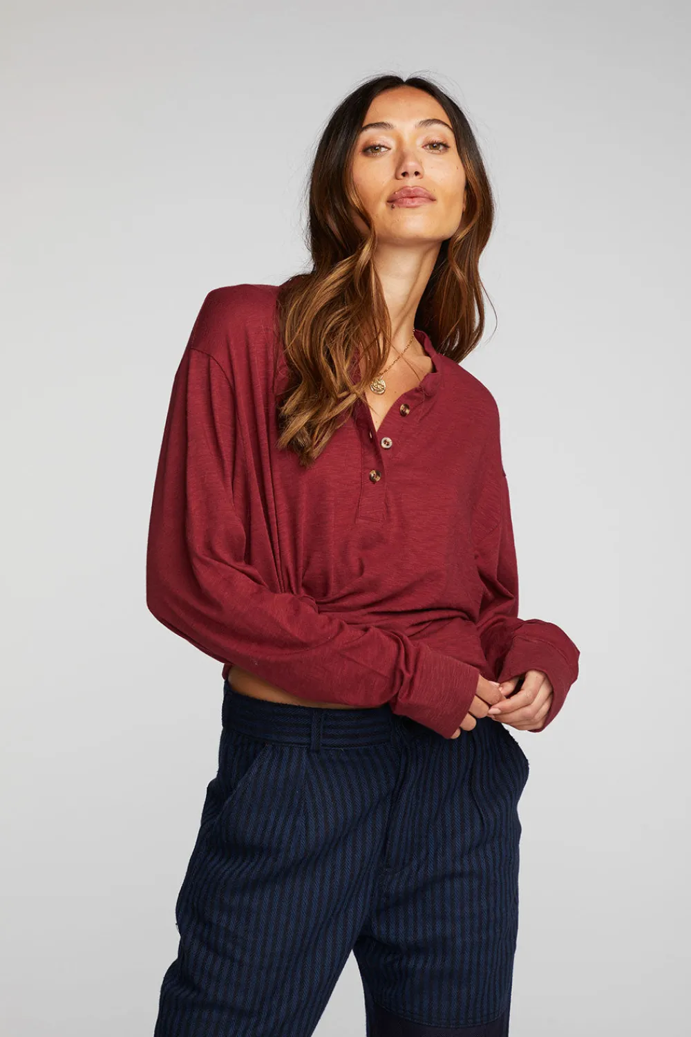 Cheap Gauze Jersey Long Sleeve Henley With Deconstructed Bottom Hem Women Loungewear|Tops