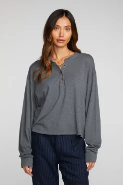 Discount Gauze Jersey Long Sleeve Henley With Deconstructed Bottom Hem Women Loungewear|Tops