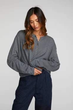 Discount Gauze Jersey Long Sleeve Henley With Deconstructed Bottom Hem Women Loungewear|Tops
