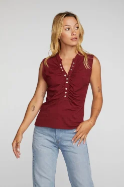 Best Gauze Jersey Snap Down Tank With Shirring Women Loungewear|Tops