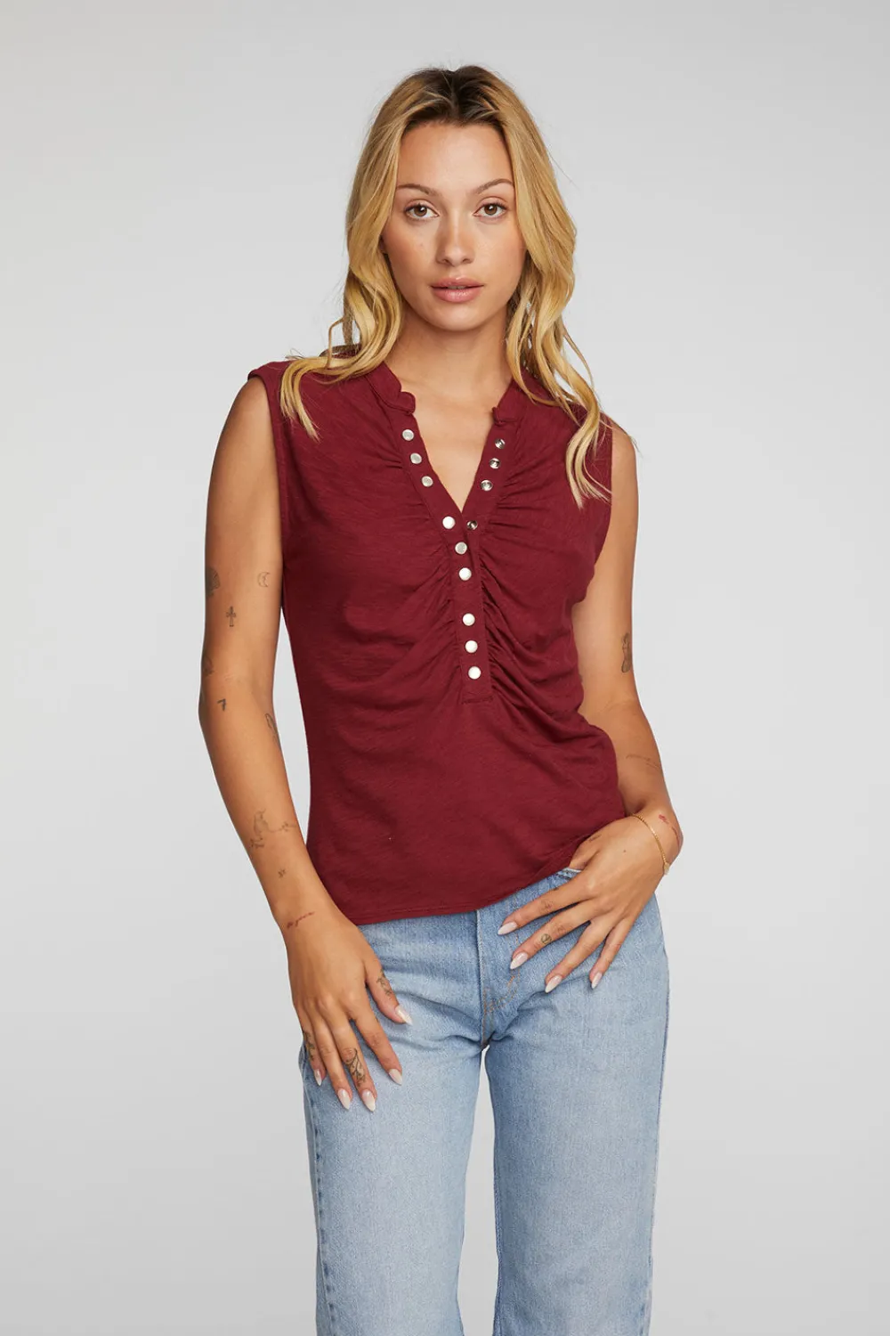 Best Gauze Jersey Snap Down Tank With Shirring Women Loungewear|Tops