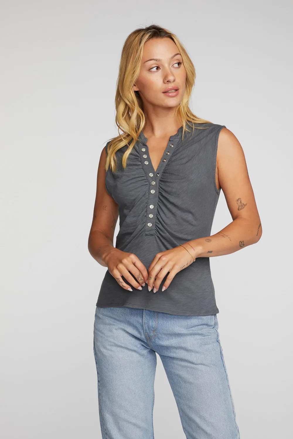 Sale Gauze Jersey Snap Down Tank With Shirring Women Loungewear|Tops