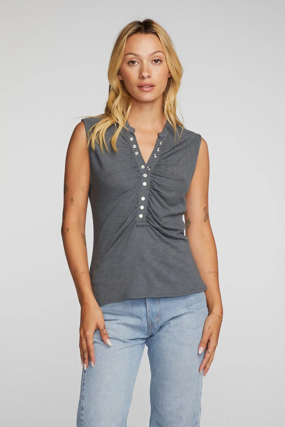 Sale Gauze Jersey Snap Down Tank With Shirring Women Loungewear|Tops