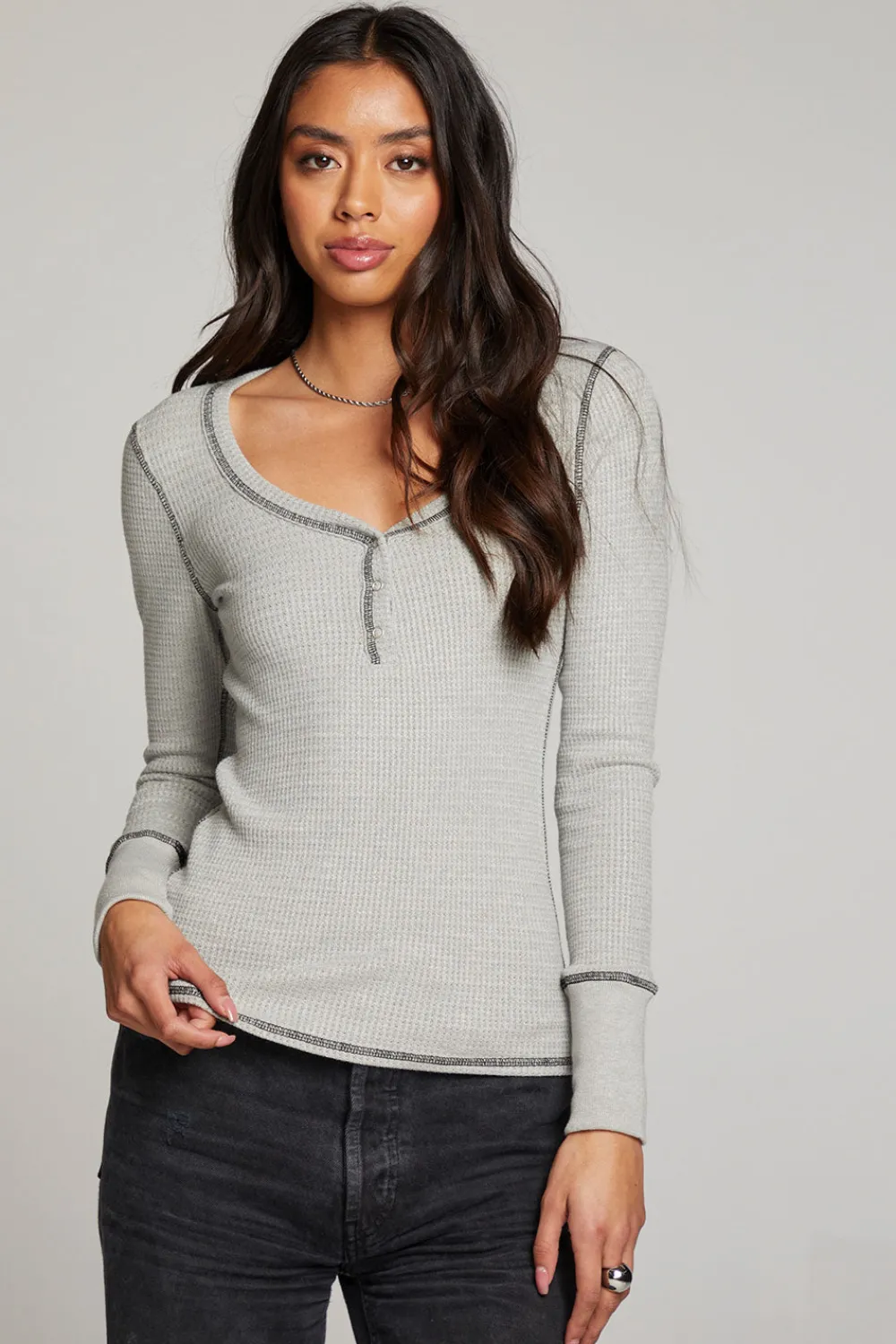 Best Sale Heather Grey Long Sleeve Henley Women Loungewear|Tops