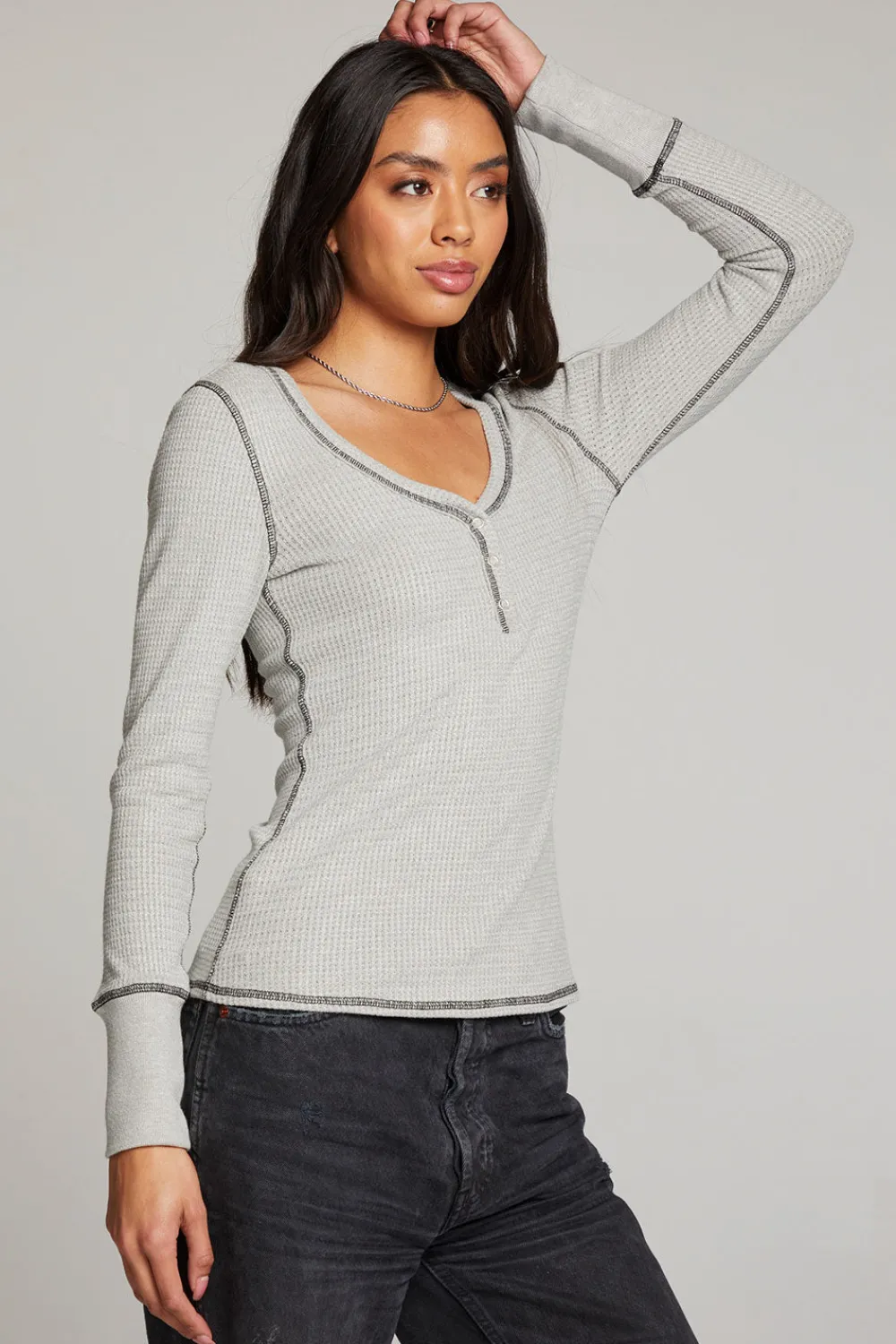 Best Sale Heather Grey Long Sleeve Henley Women Loungewear|Tops
