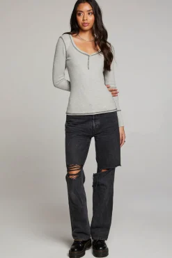 Best Sale Heather Grey Long Sleeve Henley Women Loungewear|Tops