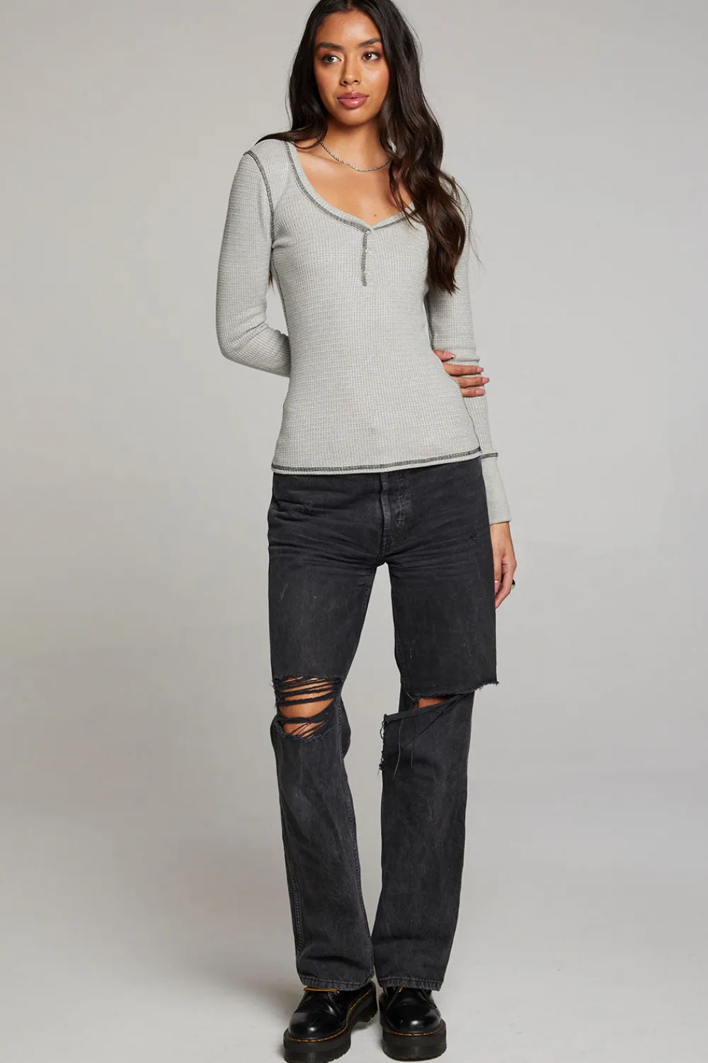 Best Sale Heather Grey Long Sleeve Henley Women Loungewear|Tops