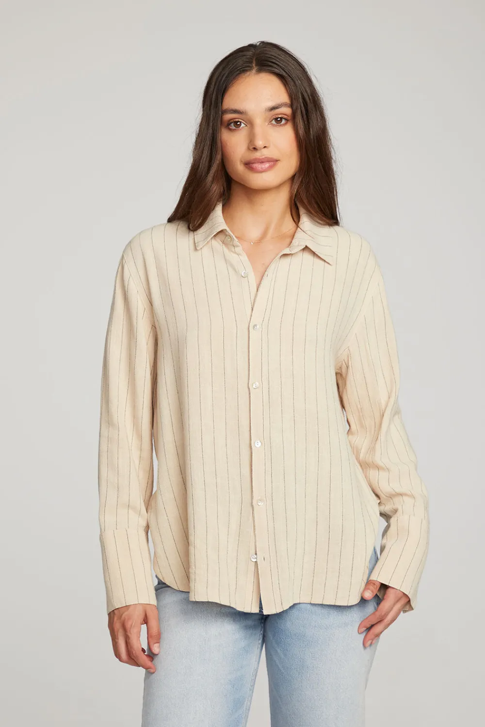 Best Helena White Pinstripe Button Down Women Loungewear|Tops