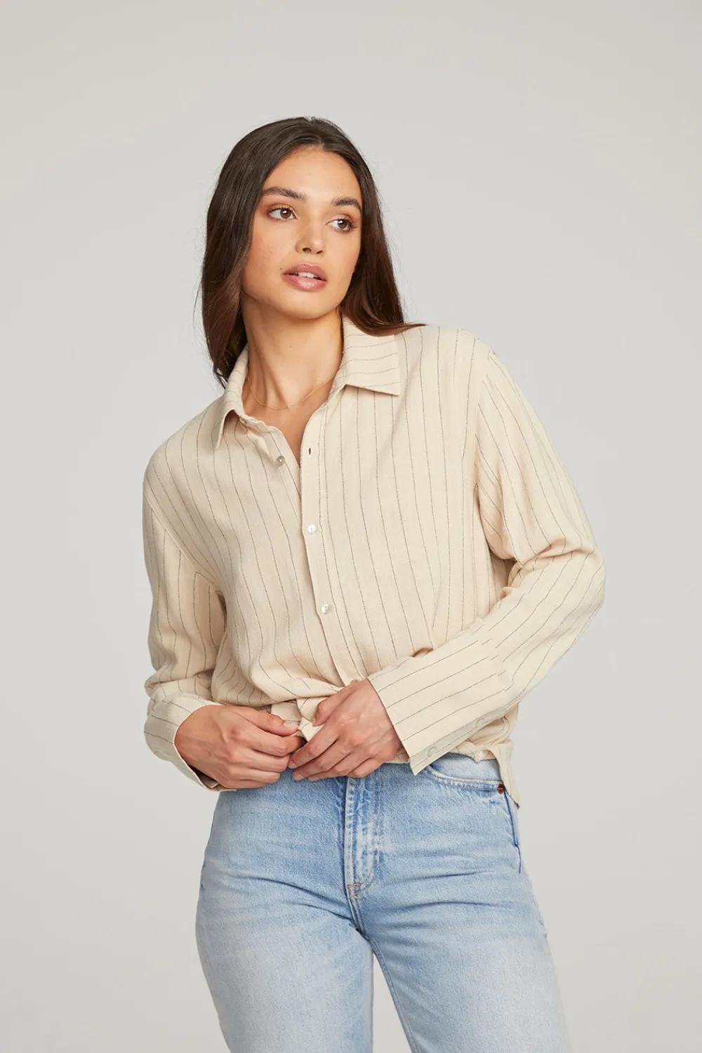 Best Helena White Pinstripe Button Down Women Loungewear|Tops