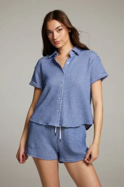 Hot Key West Cobalt Blue Button Down Top Women Loungewear|Tops