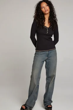 Cheap Licorice Long Sleeve Henley Women Loungewear|Tops