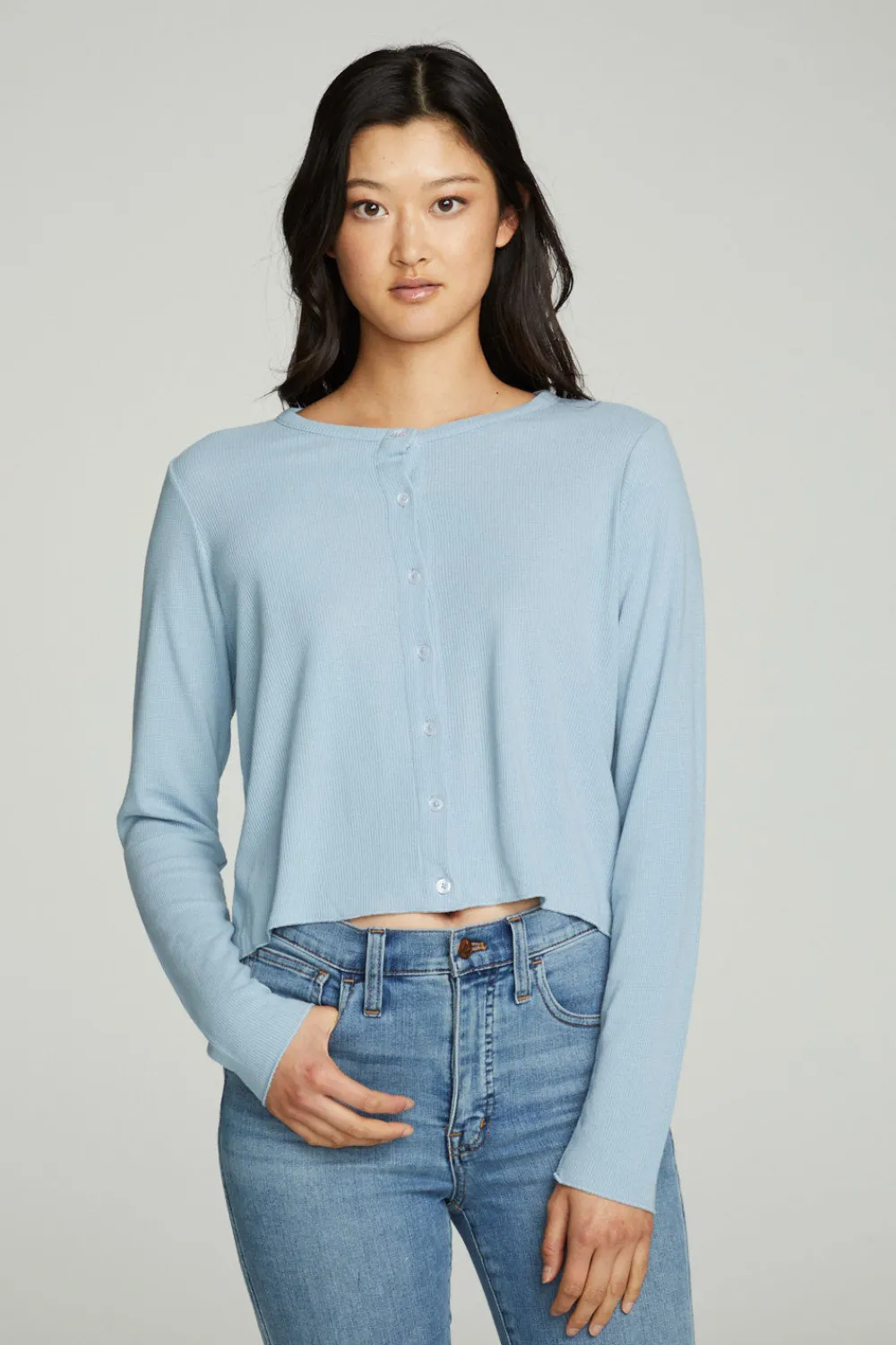 Clearance Long Sleeve Button Down Semi Cropped Tee Women Tops
