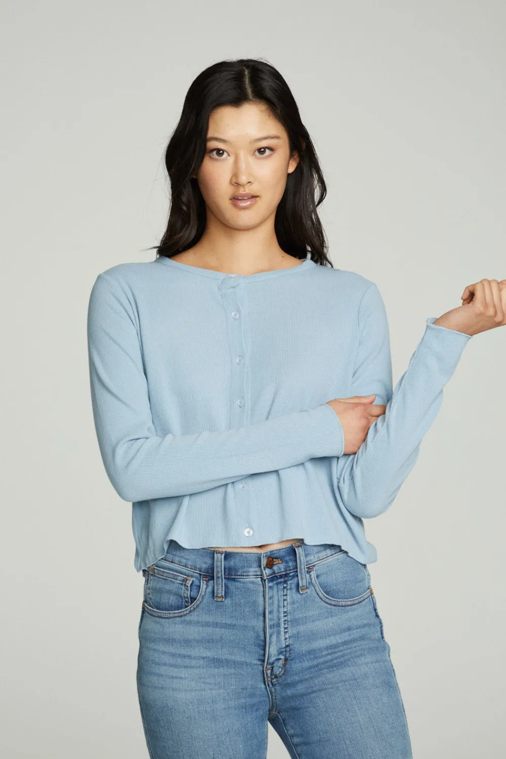 Clearance Long Sleeve Button Down Semi Cropped Tee Women Tops