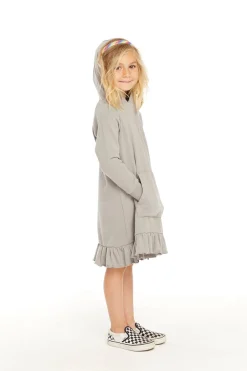 Online Long Sleeve Gravel Grey Hooded Ruffle Hem Dress Kids Girls