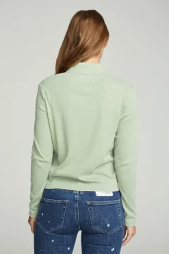 Fashion Long Sleeve Snap Front Mock Neck Tee Women Tops