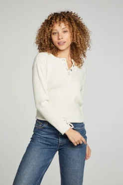 Online Long Sleeve Snap Henley Drawstring Waist Tee Women Tops