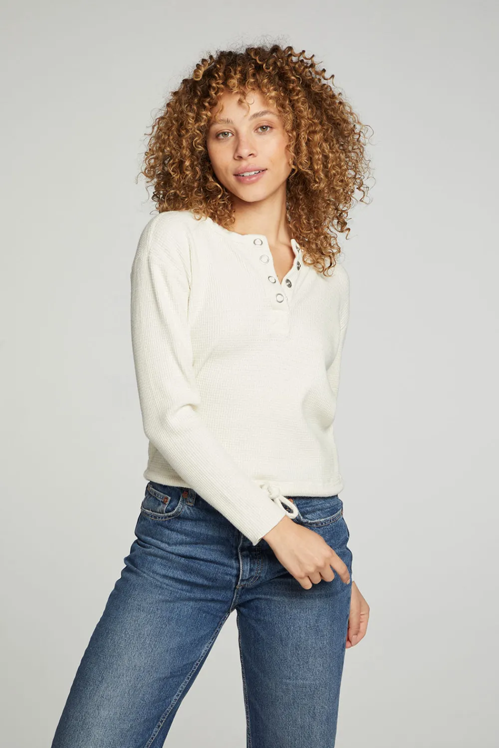 Online Long Sleeve Snap Henley Drawstring Waist Tee Women Tops