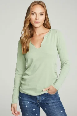 New Long Sleeve Split Neck Rouched Side Tee Women Tops