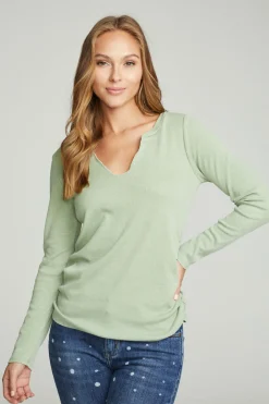 New Long Sleeve Split Neck Rouched Side Tee Women Tops