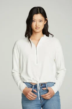 Outlet Long Sleeve Zipper Mock Neck Semi Cropped Tee Women Tops