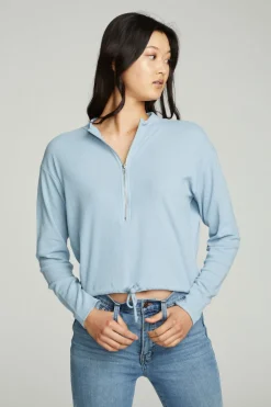 Cheap Long Sleeve Zipper Mock Neck Semi Cropped Tee Women Tops