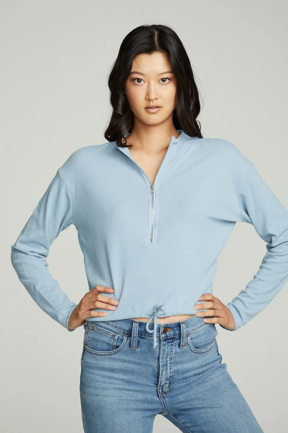 Cheap Long Sleeve Zipper Mock Neck Semi Cropped Tee Women Tops