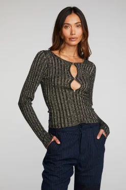 Fashion Lurex Rib Knit Long Sleeve Top With Open Keyhole Women Tops