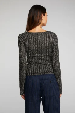 Fashion Lurex Rib Knit Long Sleeve Top With Open Keyhole Women Tops