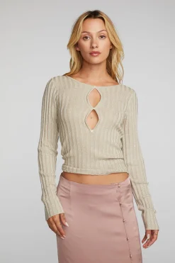 Discount Lurex Rib Knit Long Sleeve Top With Open Keyhole Women Tops