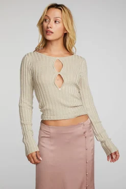 Discount Lurex Rib Knit Long Sleeve Top With Open Keyhole Women Tops