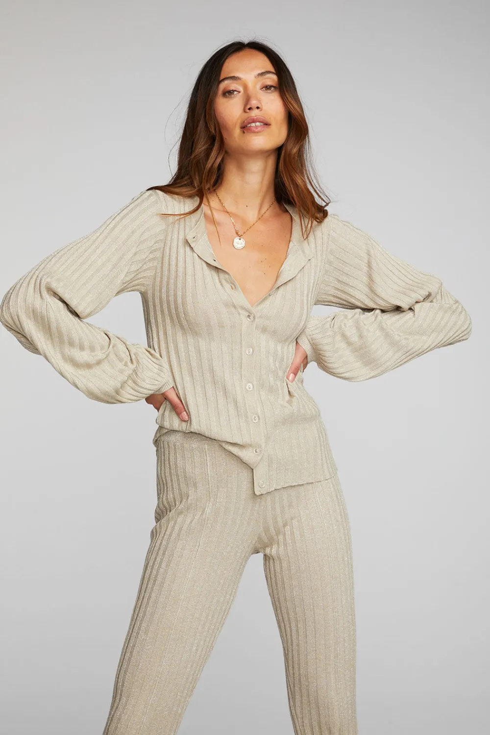 Hot Lurex Rib Knit Long Sleeve Tunic Women Tops